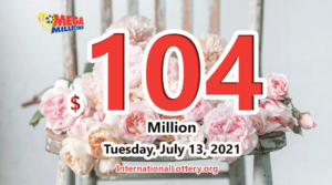 2021年7月9日的Mega Millions开奖结果；累积奖金为1.04亿美元。